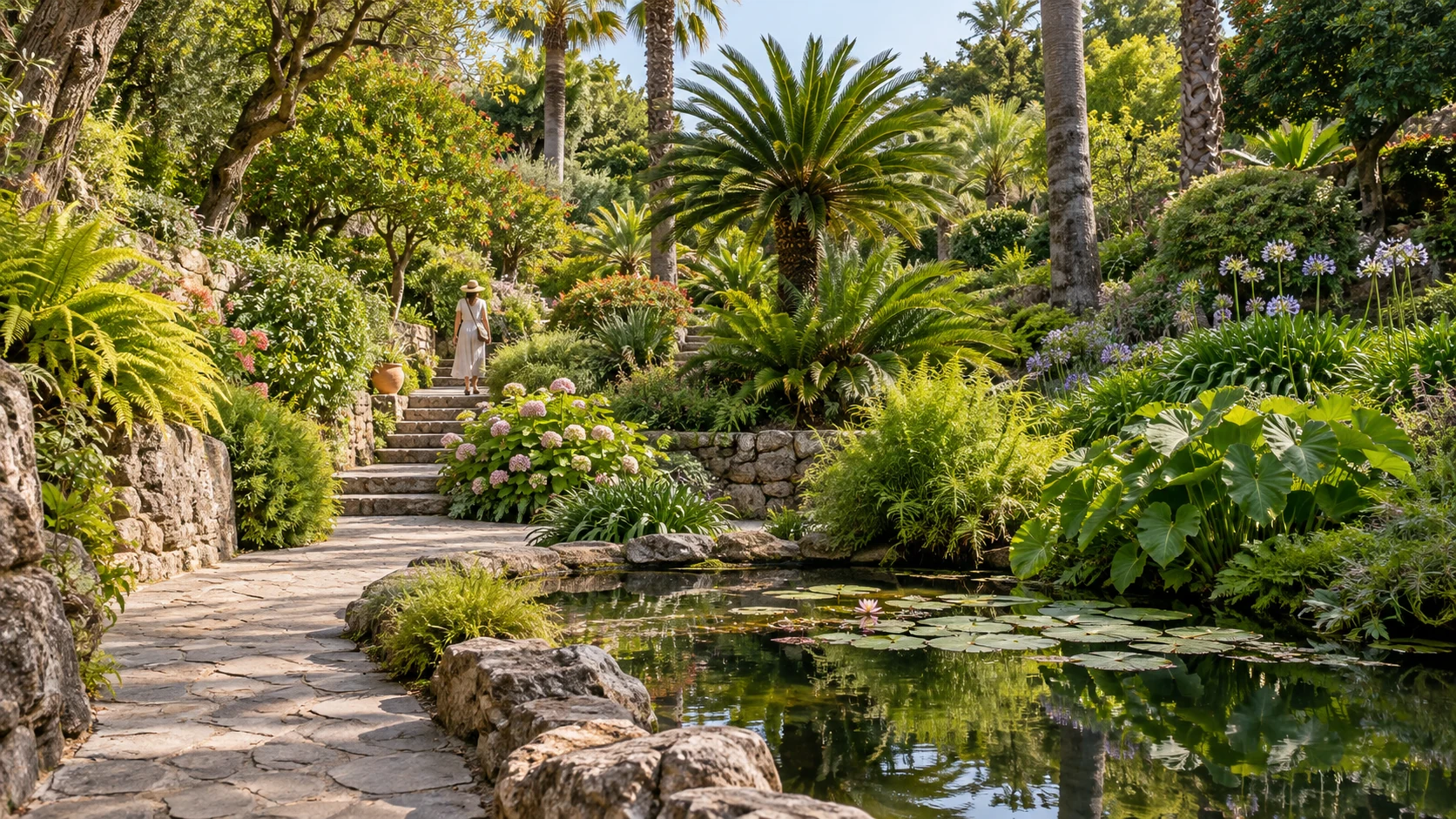 Mediterranean garden path for a visit to La Mortella Gardens in Ischia